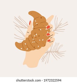 Female hand holds croissant. Flat cartoonish food illustration. Traditional breakfast. Vector design isolated on white background.
