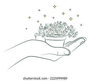 Female hand holds flower pot with small houseplant or seedlings. Care for indoor flowers. Creation of coziness in house. Women's hobby of growing indoor plants. Mini business concept. Linear sketch