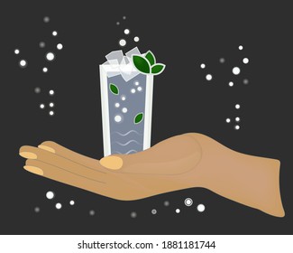 Female hand holds glass of ice mojito. Refreshing drink in warm palms. Vector flat illustration on a black background.