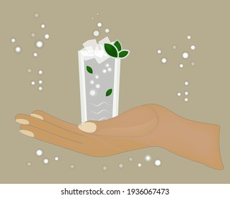 Female hand holds glass of ice mojito. Refreshing drink in warm palms. Vector flat illustration on a beige background.