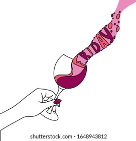 Female hand holds a glass with pink wine. Transparent "Friday" Glass Wine Glass