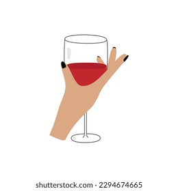 Female hand holds glass of wine. Cocktail, fresh beverage, juice. Hand drawn cartoon style. Isolated vector illustration 