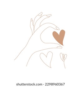 female hand holds a heart, a flower. delicate pattern. hand drawn.vector illustration. logo, print on invitations, congratulatory