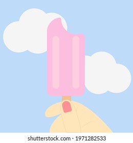 A female hand holds an ice cream on a stick against a background of clouds. Vector graphics.