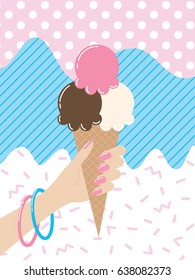 Female hand holds an ice cream cone. Retro 80s and 90s style vector art, poster. Bright vintage banner.