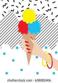 Female hand holds an ice cream cone. Retro 80s and 90s style vector art, poster. Bright vintage banner.