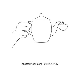 female hand holds a kettle. vector stock illustration. outline