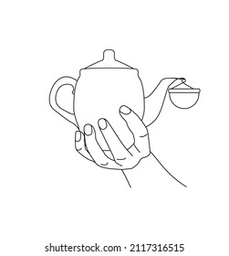 female hand holds a kettle. vector stock illustration. outline