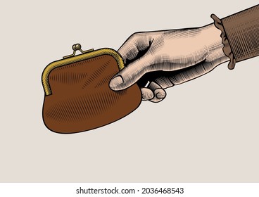 A female hand holds a leather wallet with money. Financial topic. Vintage engraving stylized drawing. Vector illustration 