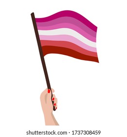 Female hand holds LGBT flag in hand. 
Lesbian flag. Life,Gets,Better,Together. Hand written pride, love. Vector illustration on white background. For cards, posters, stickers  and professional design.