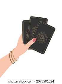 Female hand holds magic cards for tarot, boho, symbol, fortune telling and predictions. Vector illustration isolated on white background. Vector illustration