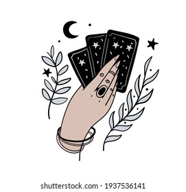 Female hand holds magic tarot cards, boho tattoo, symbol of fortune-telling and prediction, icon for witch, astrology. Vector illustration isolated on white background.