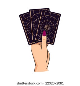 La mano femenina sostiene cartas mágicas tarot, símbolo de adivinación y predicción, astrología. aislado de fondo blanco. vector