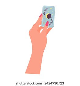 Female hand holds magic tarot card. Esoteric symbol of fortune-telling and prediction. Cartoon flat illustration.
