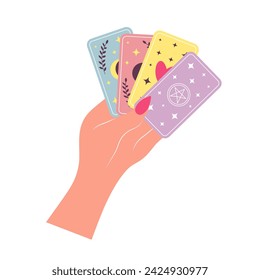 Female hand holds magic tarot cards with different signs. Esoteric symbol of fortune telling and prediction. Cartoon flat illustration.