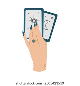 Female hand holds magic tarot cards, boho tattoo. Vector illustration design