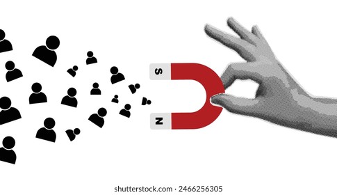 female hand holds magnet, illustration attracts users, trendy halftone design, magazine style, magnets to attract customers, concept of digital marketing media technologies