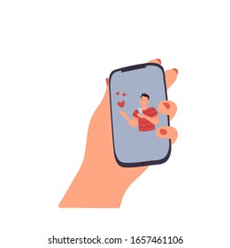 A female hand holds a mobile phone, on the screen of which a young man sends hearts. The concept of online relationships, online search for partners, online communication. Vector. Flat cartoon style