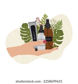 La mano femenina contiene productos cosméticos naturales orgánicos en botellas, jarras, tubos para el cuidado de la piel con forma abstracta y vegetación. Limpiador, tonificante, suero, aceite, producto crema. Ilustración vectorial de tracción manual