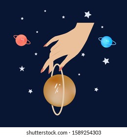 Female hand holds orbit the solar planet - stars - illustration, abstract, art, vector. Magic. Occultism. Space everything