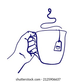 Female hand holds out large cup with tea. Sketch, linear drawing isolated on white background. Hand holding mug with hot beverage. Morning cup of hot tea. Doodles drawn with ink or ballpoint pen