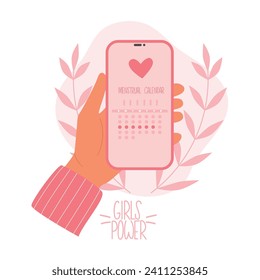 Female hand holds phone in hands with a menstruation calendar app. Women's health care tracker