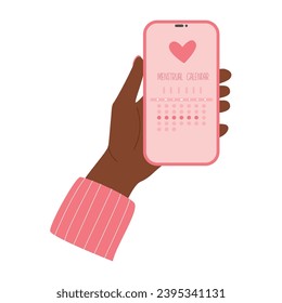 Female hand holds phone with a menstrual calendar app. Period ovulation days tracker. Women's health care app. 
