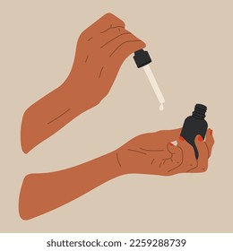 Female hand holds pipette for skincare with oil serum bottle, cream. Hand draw vector illustration