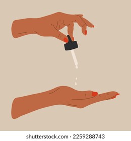 Female hand holds pipette for skincare with oil serum bottle, cream. Hand draw vector illustration