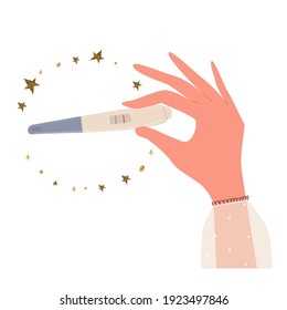 A female hand holds a positive pregnancy test, with two stripes. Around the golden stars. Icon, vector, cartoon illustration.