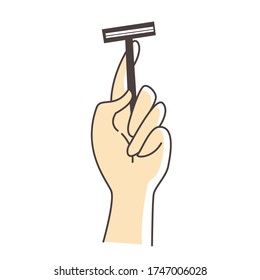 Female hand holds a razor. Shaving legs, armpits, bikini area, hair removal at home. Vector icon of a hand with a shaver. Vector stock illustration for female application, articles about self-care.