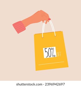 Female hand holds shopping bag. Different percentages. Illustrations. Sale concept. vector
