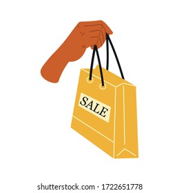 Female hand holds shopping or gifts. Sale sign. Shopping bag, gifts. Hand drawn vector illustration. Shopping, discounts, sale concept.