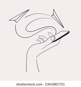 Female hand holds a smartphone and sends a message. Dependence on social networks, collection of likes and reviews. Minimalist design. Contour vector illustration