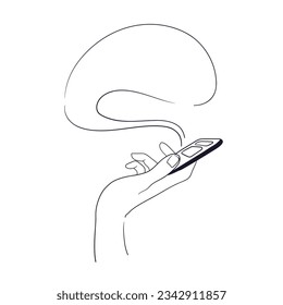 Female hand holds a smartphone and sends a message. Dependence on social networks, collection of likes and reviews. Minimalist design. Contour vector illustration