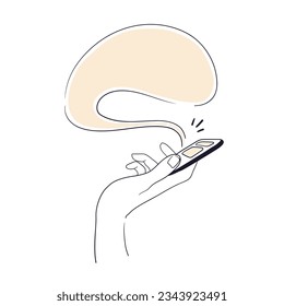 Female hand holds a smartphone and sends a message. Dependence on social networks, collection of likes and reviews. Minimalist design. Contour vector illustration