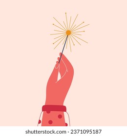 Female hand holds sparkler. Festive bengal light with sparks in human arm. Woman with firework stick. Christmas or birthday concept. Vector illustration