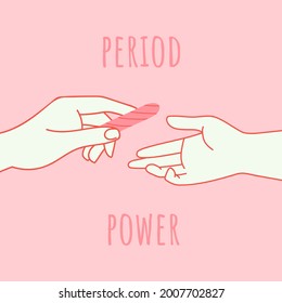 Female hand holds tampon and give it to another woman. Women's support and help for a sister. Menstruation, cycle, feminine hygiene, critical days. Feminism and sisterhood concept. Free periods