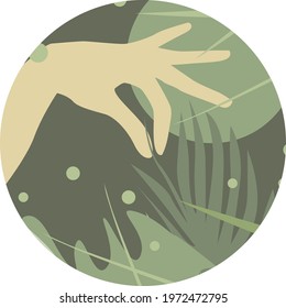 A female hand holds a tropical leaf. Geometric abstraction in shades of green