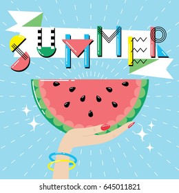 Female hand holds a watermelon slice. Retro 80s and 90s style vector art, poster. Bright vintage summer banner.