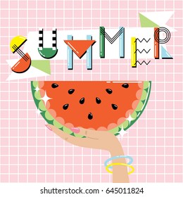 Female hand holds a watermelon slice. Retro 80s and 90s style vector art, poster. Bright vintage summer banner.