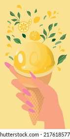 Die weibliche Hand hält gelbes Eis in einem Waffelkegel. Pfeffereis, Grün und Saft umspülen.