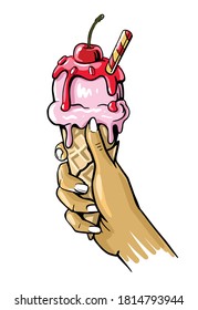 female hand with ice cream in waffle cup