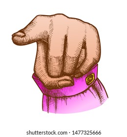 Female Hand Index Finger Pointing Gesture Vector. Woman Pointer Finger Showing Sign. Girl Forefinger Wrist Gesturing Choice Signal Color Hand Drawn In Vintage Style Closeup Illustration