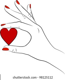 female hand isolated on white background with red heart, vector illustration
