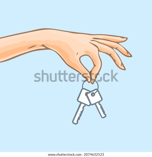 Female hand with keys. New house or car. Vector\
pop art illustration\
drawing