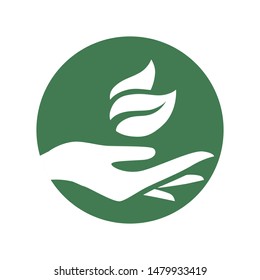 female hand and leaves, green vector icon