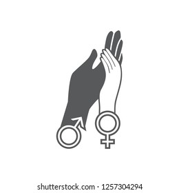 The female hand lies on men's. Signs of Venus and Mars. Set of vector icons. Embrace of a female and male hand. Flat design. Monohrome