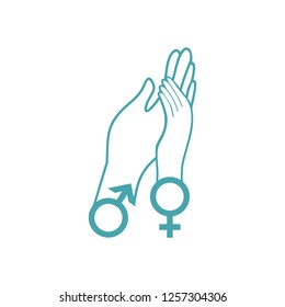 The female hand lies on men's. Signs of Venus and Mars. Set of vector icons. Embrace of a female and male hand. Flat design.