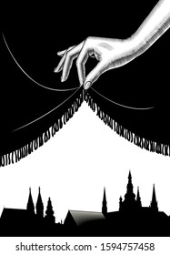 Female hand lifting the edge of the black curtain over the silhouette of a medieval city. Vintage engraving stylized drawing. Retro concept poster and banner. Vector illustration